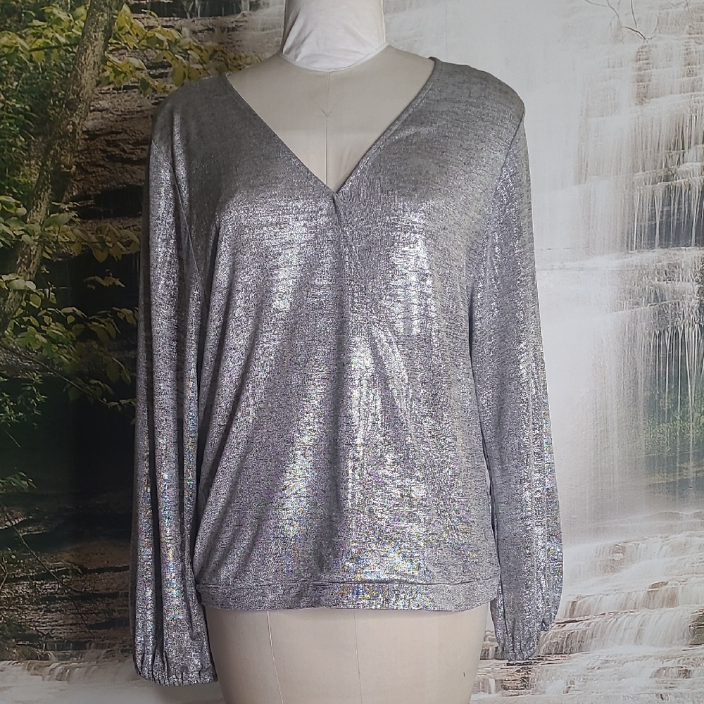 NWT! Anthropologie Womens XL Metallic Silver Wrap Long Sleeve Top